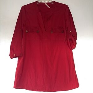 Red Sheer Slouchy Tunic Large Woman's Gold Trim Holiday Layering Split Neckline